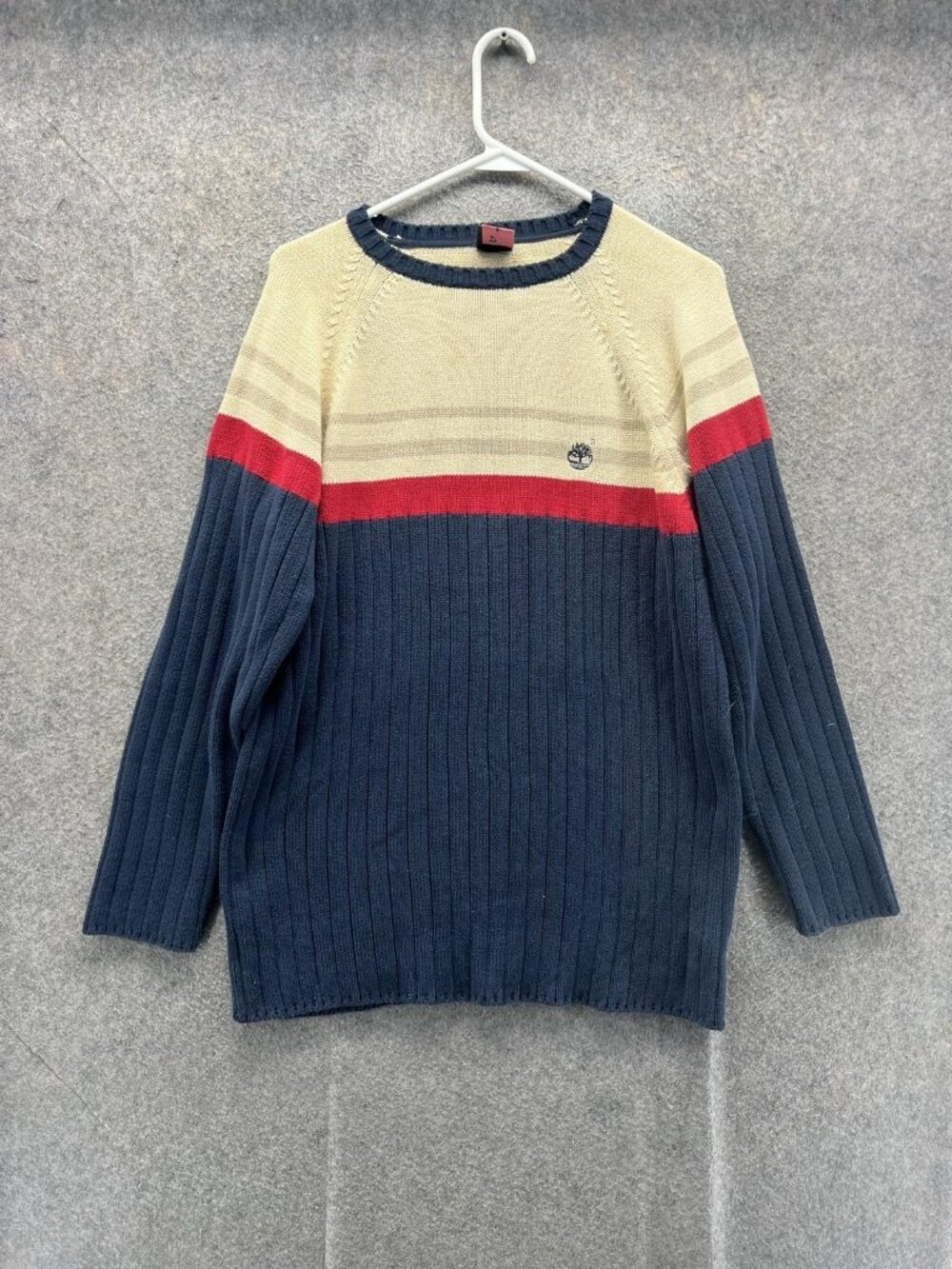Timberland Sweater Mens Large Blue Striped Crewneck Cotton Knit Pullover Logo